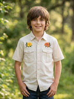 Howler Bros. Cream Short-Sleeve Western Shirt with Floral Embroidery